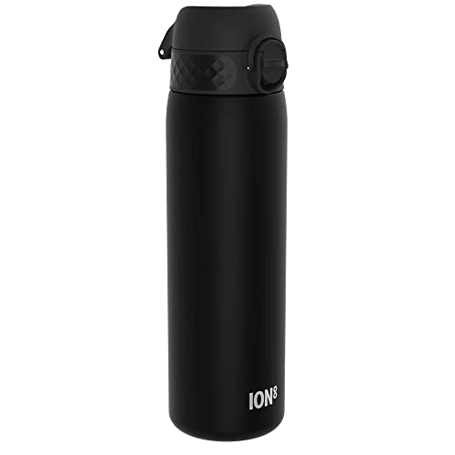 ion8 Trinkflasche, 500 ml, Auslaufsicher, Einhandöffnung, Sichere Verriegelung, Spülmaschinenfest, BPA-frei, Tragegriff, Klappdeckel, Leicht zu Reinigen, Klimaneutral, Schwarz