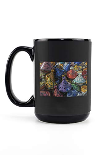 Lantern Press Morocco - Colorful Tajine Pottery in Markey 9033535 15oz Black Ceramic Mug - Dishwasher and Microwave Safe