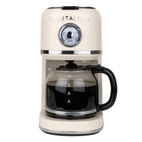 Image of Nostalgia Classic Retro 10 Cup Coffee Maker - One-Touch Drip Brew, Reusable Filter - Anti-Drip, Auto Shutoff, & Time Display - Dishwasher Safe 50 oz Carafe - Cream