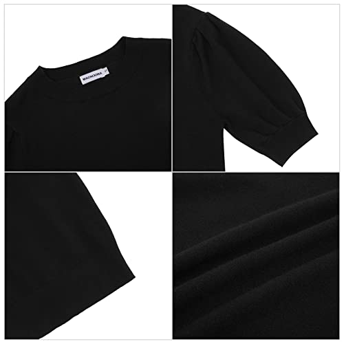Image of Womens Puff Short Sleeve Sweater Tops Crewneck Basic Knit Pullover Lightweight Casual Sweaters