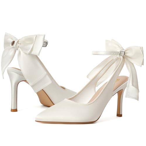 RIBONGZ Heels for Womens Bow Heels with Strappy Wedding Satin Shoes for Bride Closed Pointed Toe Stiletto Slingback Pumps Sexy Ankle Strap Prom Dressy Party Bridesmaid Shoes