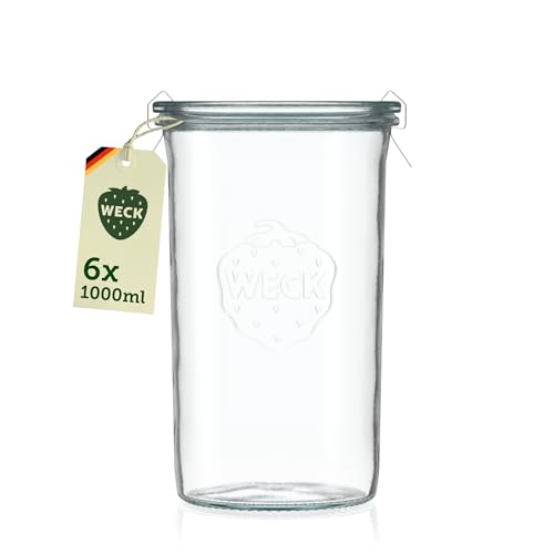 Weck Gläser 1000ml – 6er Set mit Deckeln – Sturzform – robuste, stapelbare Vorratsgläser- & Einweckgläser - ideal für Meal Prep, Sauerteig & Fermentieren – Made in Germany
