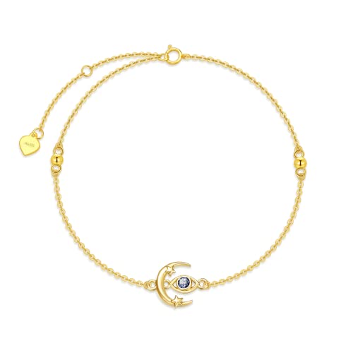 Rikelus 14K Gold Evil Eye Bracelet For Women Real Gold Moon Star Bracelet Protection Jewelry Christmas Gifts For Mum Wife Girls 6.5+1+1 Inch (Style 1, Yellow Gold) #TOP14
