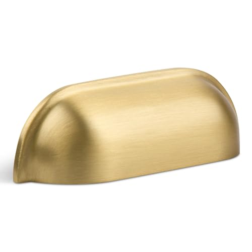 SALISENG-Brushed Matt Gold Cup Kitchen Drawer Pulls 2 Pack, 2-1/2 Inch Small Solid Brass Knobs for Cabinet Cupboard Wardrobe, Flat Dresser Vanity Door Handles, Brass Furniture Hardware Pull
