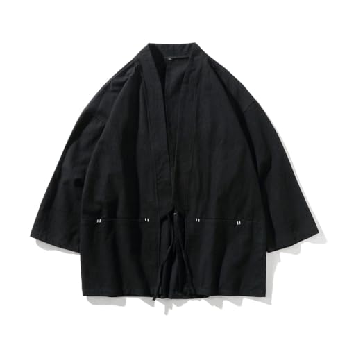 Japanese Kimono for Men Traditional Cardigan Crane Embroidery Yukata Jackets Cotton Linen Open Front Coat