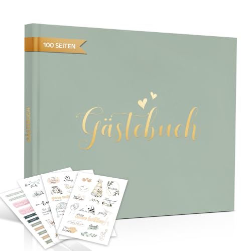 Hyggartn Grünes Hochzeitsgästebuch mit Stickern Edles Hardcover Gästebuch mit Goldprägung 100 Seiten Blanko + 4 Hochzeitssticker Stilvolles Erinnerungsbuch