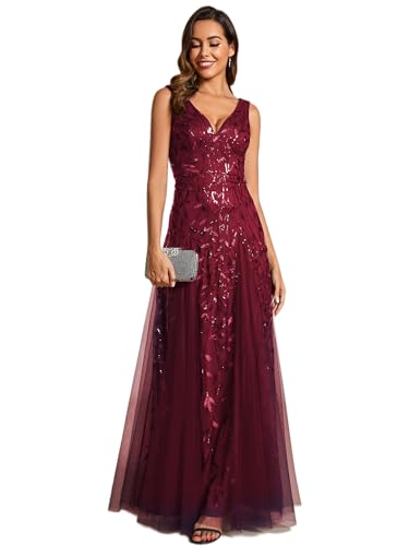 Image of Ever-Pretty Women's Prom Dresses V Neck Sleeveless Tulle Hem A-Line Sequins Maxi Ball Gowns Burgundy US22