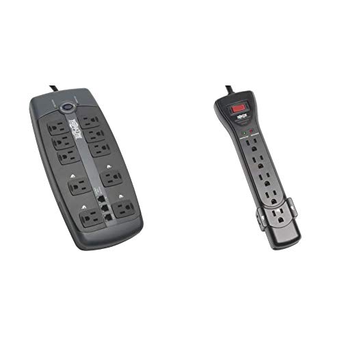 Tripp Lite 10 Outlet Surge Protector Power Strip, 8ft Cord, Tel/DSL Protection, RJ11 (TLP1008TEL) & 7 Outlet Surge Protector Power Strip, 7ft Cord, Right Angle Plug, 2160 Joules, Black(SUPER7B)