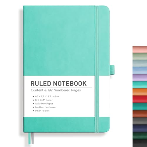 Image of RETTACY Lined Journal Notebook, 192 Numbered Pages, A5 Medium Size (5.7'' x 8.3''), for Men & Women, Journaling, Writing, Work & Office, Leather Hardcover, 100 GSM Thick Paper (Mint)