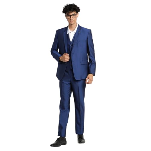 Image of Turtle Men 100% Cotton Dobby Print Full Sleeve Three Piece Blue Party Suit