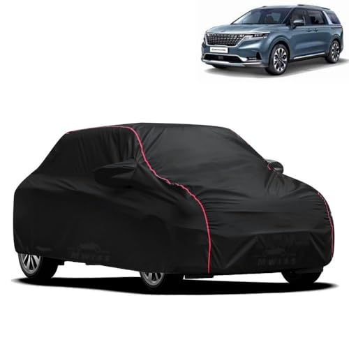 Image of Waterproof Car Cover for Kia Carnival | All-Weather Protection, Dustproof & UV Resistant | Triple Stitched Mirror Pockets, Windproof Buckle Strap with Elastic Hem, Black-Red Piping
