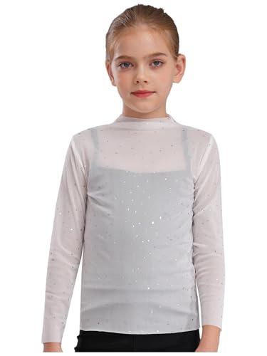 Girls Sequin Shiny See-Through Tops Toddler Kids Long Sleeve Crewneck Sheer Mesh Shirts Blouses2