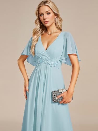 Image of Ever-Pretty Women's Spring Short Sleeve Bridesmaid Dresses V-Neck Chiffon Ruched Empire Waist Appliques Long Formal Dress