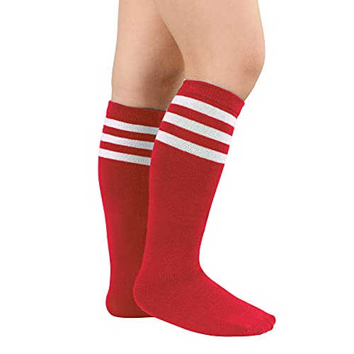 Image of Zando Toddler Soccer Socks Boys Girls Knee High Striped Tube Socks Kids School Uniform Dress Socks Athletic Long Socks, B Blue White & Red White, 3-6 Years