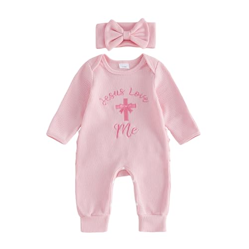 Image of Mieeyali Newborn Baby Girl Easter Outfit Church Romper Jesus Loves Me Cross Jumpsuit Cute Baptism Outfit (Pink Cross, 0-3 Months)