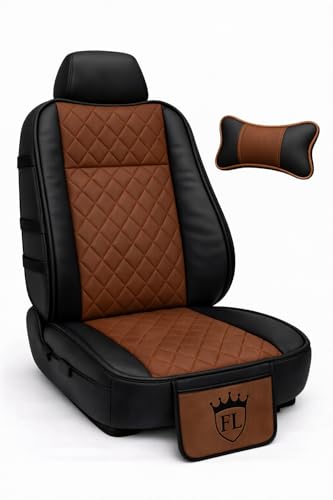 Image of Ultra Comfort Luxury PU Leather Light Brown Seat Cover Cushion for All The Cars,SUV,Office Chair,Home Chair with Neck Rest Pillow-Easy Strap Fit,Pocket Flap(Universal Fit,1 Pack)