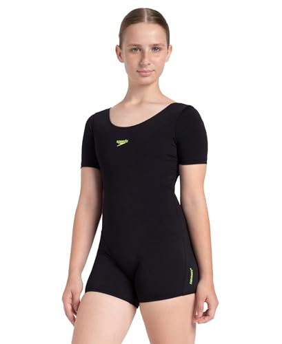 Image of Speedo Girl's Endurance+ Sleeved Essential U-Back Legsuit - Black & Hyper Yellow