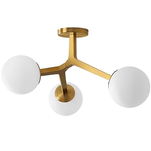 Image of Semi Flush Mount Ceiling Light Fixture 3-Light Modern Gold Sputnik Chandelier with Globe Milky Frosted Glass Shade E12 Sputnik Ceiling Light for Kitchen, Hallway Light Fixtures Ceiling