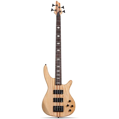Leo Jaymz Solid Body 4-String Bass Guitar, Solid ASH Body with Maple and Sapele Neck, Laurel Fingerboard, Dual Humbucker Pickups, 34-Inch Scale, 24 Stainless Steel Frets for Studio & Live Performance