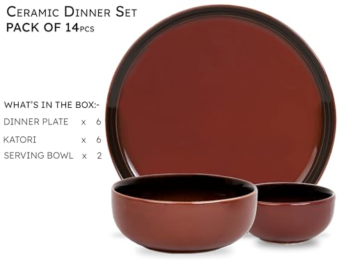 Image of Bodhi House Handcrafted Chip Resistance Porcelain Dinner Set, 14 Pieces Dish Set Serving for 6, Microwave and Dishwasher Safe, Bone-ash Free, Crockery Set for Dining and Gifting, Deep Red
