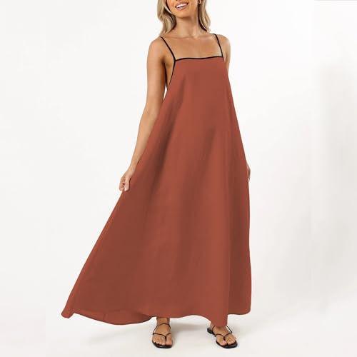 Image of Senllen Women's Linen Dress Summer Loose Flowy Sundress Contrast Spaghetti Strap Sleeveless Backless Beach Maxi Long Dresses