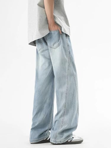 Summer Men's Lightweight Jeans Korean Cotton Drawstring Wide-Leg Baggy Denim Pants Straight Trousers4