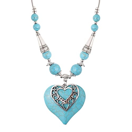 MINACHI Bohemian Created Turquoise Teal Heart Necklace, Vintage Boho Summer Beach Jewelry Gift for Women