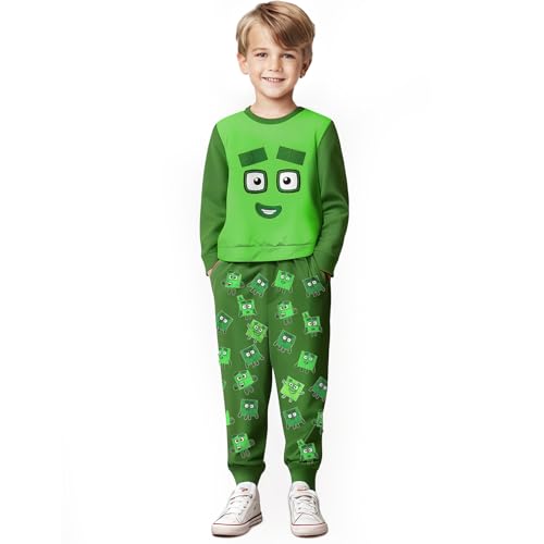 Image of Boys Girls Numbers Long Shirts and Pants Sets Cartoon Little Kids Casual Daily Homewear for 3-10 Years (Green, 130)