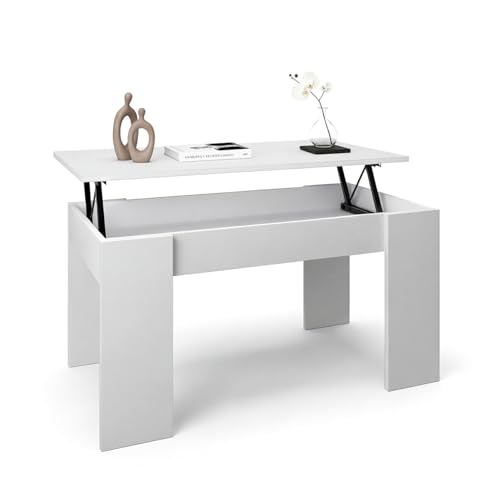 duehome | Mesa de Centro elevable, Mesita de Salón Comedor, Acabado en Blanco Artik, Modelo Norak, Medidas: 90 cm (Largo) x 50 cm (Ancho) x 33,8/45,3 cm (Alto)