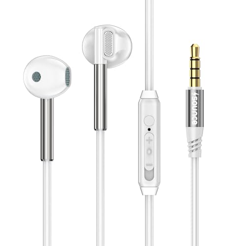 Image of Sounce BassPulse In Ear 3.5mm Wired Headset with Deep Bass 14.2mm Dynamic Driver HD Mic In-Line Music Controls Tangle-Free Durable TPE Cable Sweatproof Lightweight Earphones for Phones Tablets (White)