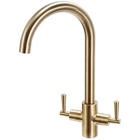 Classic Kitchen Sink Mixer Taps Monobloc Dual Lever Swivel Spout Brushed Gold Cover