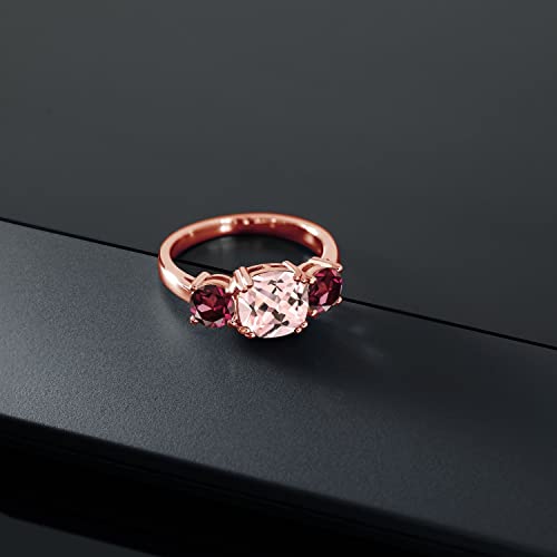 18K Rose Gold Plated Silver Peach Nano Morganite and Red Rhodolite Garnet 3 Stone Engagement Ring For Women (3.20 Cttw, Gemstone October Birthstone, Cushion 8MM, Available in Size 5,6,7,8,9)4