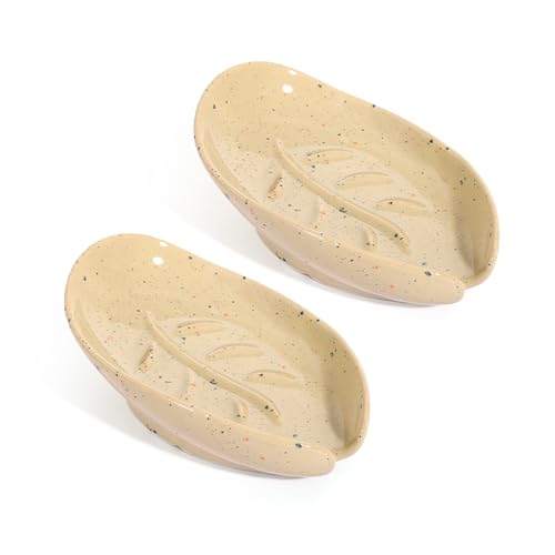 Soap Dish, Self Draining Soap Holder, Leaf Shape Ceramic Bar Soap Holder Drain Soap Dishes for Bathroom Sink Kitchen, Easy to Clean, Keeps Soap Dry, Black, ANTIS'S HOME Black-1pcs-enhanced D