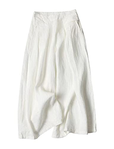 Image of Gihuo Culottes for Women Linen Wide Leg Gauchos Capri Palazzo Pants | Cotton Linen Pants,Flowy Pants,Women's Culottes,Cropped Pants,Elastic Waist Trousers with Pockets