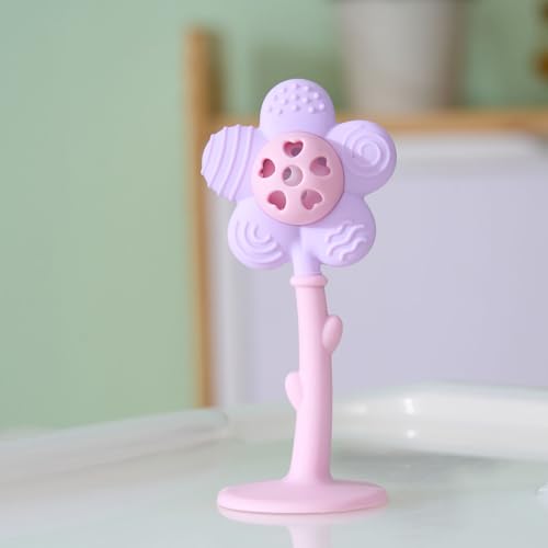 Image of Baby Teething Toys 3-6 Months, Teether and Sensory Rattle for Babies 0-6 Months, Food Grade Silicone Teethers 6-12 Months, Infant Teething Relief Chew Toys, Sunnyflower Teether Toy BPA Free - Purple