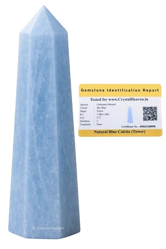 Image of Certified Blue Calcite Crystal Tower Obelisk Point for Chakra, Healing and Balancing - AAA Grade Original Certified Gemstone Agate for Reiki Meditation Yoga Spiritual (3-4 Inches)