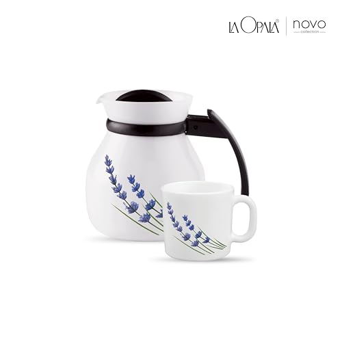 Image of La Opala Novo Collection Opal Glass Crockery | Coffee Set 7 pcs | Coffee Mug with Coffee Pot, English Lavender | for Tea & Coffee | Microwave Safe | 100% Vegetarian | Extra Strong | Light & White