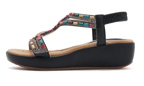 Women's Comfortable Sandal Bohemia Wedge Sandals with Rhinestone Beaded Ankle Strap Sandals Beach4