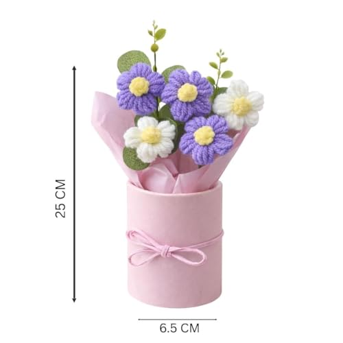 Image of Artificial Crochet Flower Bouquet Handmade Cotton Flowers Bunch for Home Decor, Gift for Girls, Wedding, Festival Decoration, Long Lasting Floral Arrangement (Flower Pot (Purple))