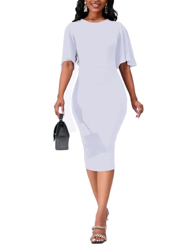 Image of WanMem Womens Basic Bodycon Ruffle Flared Short Sleeve Pencil Midi Dress
