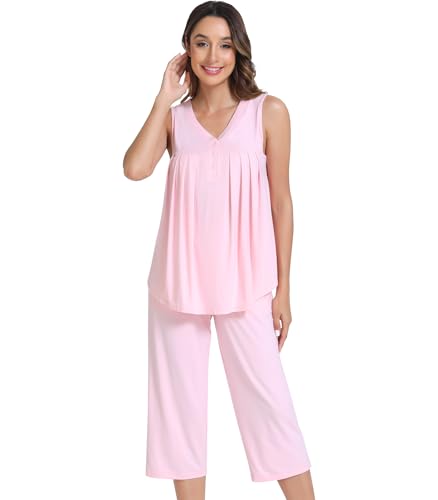 Image of NACHILA Pajamas for Women-Viscose Made from Bamboo, Sleeveless Pjs Tank Top Capri Pants Pajama Sets Cooling Sleepwear