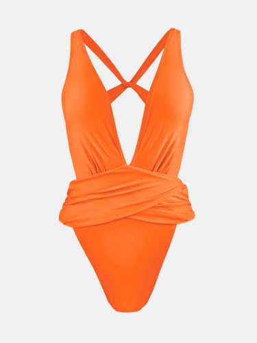 Image of CUPSHE One Piece Swimsuit for Women Bathing Suit Cut Out Cross Back Tie Deep V Neck Ruched High Cut