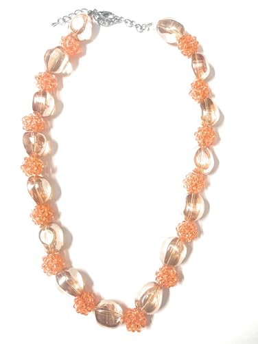 Image of Crystal Beaded Necklace with Peach Cluster Beads, Clear Glass OvalOra Quartz Beads, Silver Chain Clasp