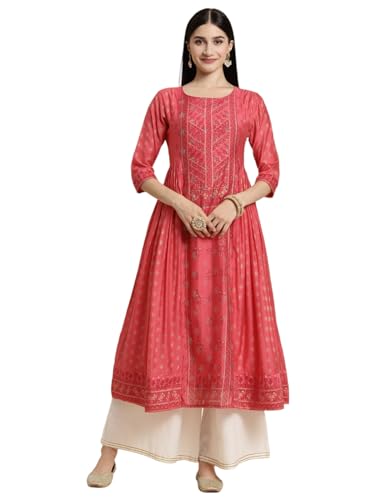 Image of rangita Women's Chanderi Relaxed Fit Flared Calf Length Printed Kurti | Kurta