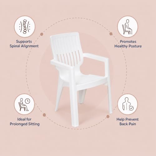 Image of Nilkamal Ortho Comfort Plastic Chair with Arm|Set of 2| 3 Year Warranty |Stackable Chair for Home, Living Room, Dining Room, Cafe & Balcony |Ergonomic Back Support |Indoor & Outdoor |Cream