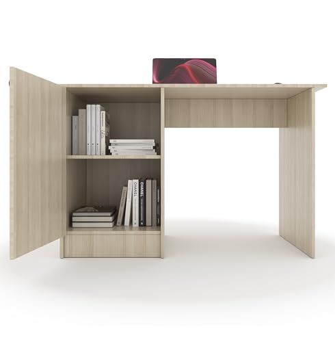 Image of 55*120*75 CM Engineered Wood Office Desk with Closed Cabinet & Storage Shelves for Storing Books, Stationery | Tabloft Executive Table for Office | 1 Year Warranty- Moldau Acacia Light