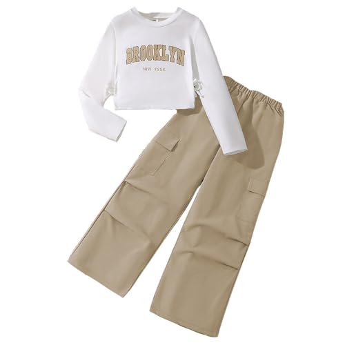 Generisch 2-teiliges Outfit für Mädchen: Langarm-Sweatshirt, Hemd und Cargo-Jogginghose Kapuzen T Shirt (Brown, 11-12 Years)