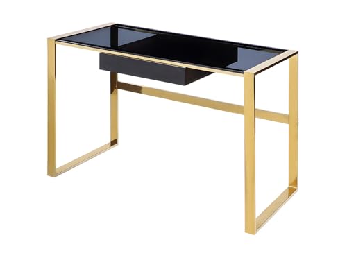 Vente-unique - Bureau avec 1 tiroir - Verre trempé et Acier - Noir et doré - SALI - avec Rangement