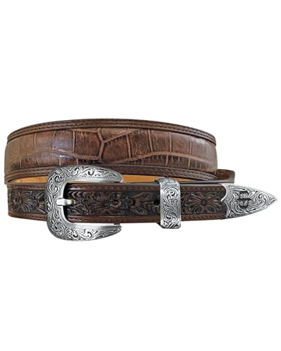 Crocodile Print Leather Tapered Belt with Tooled Tabs by Gem Dandy