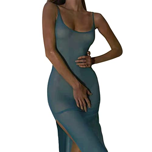 Image of Suillty Women Mesh Sheer Spaghetti Strap Long Maxi Dress Sexy Sleeveless Backless Beach Swimsuit Cover Ups Party Club Dresses